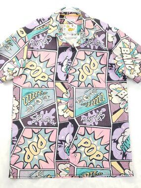 Oh Snap by Drill Shirt Mens Medium Pink Purple Stretch Comic Art Short Sleeve